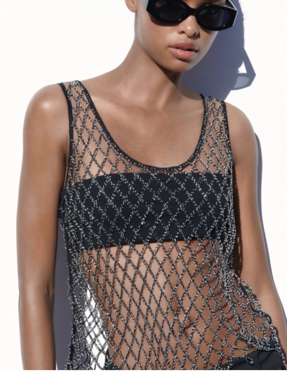 Zara Black Rhinestone/Beaded Mesh Tank Top Size M-L